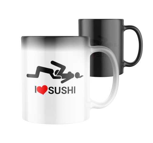 Magický keramický hrnek s potiskem I ❤ sushi