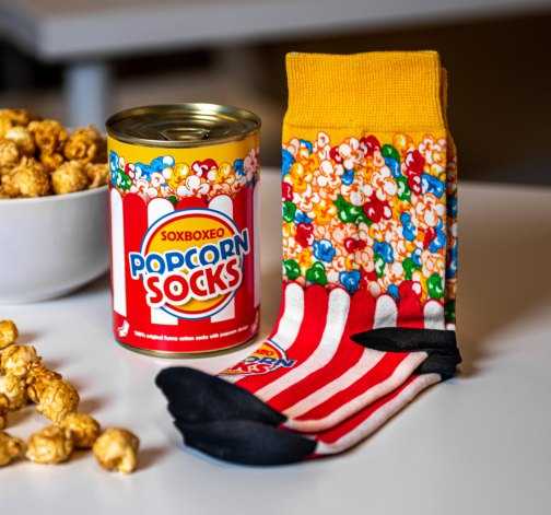 Unikátní veselé Popcornové ponožky v plechovce - červenobílé