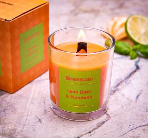 Sójová Svíčka s dřevěným praskajícím knotem a inteznivní vůní - Lime Basil & Mandarine 130 g