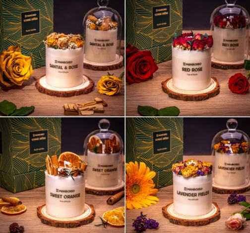 Výhodná sada ručně zdobených svíček se skleněným poklopem a intezivními vůněmi 4x220 g