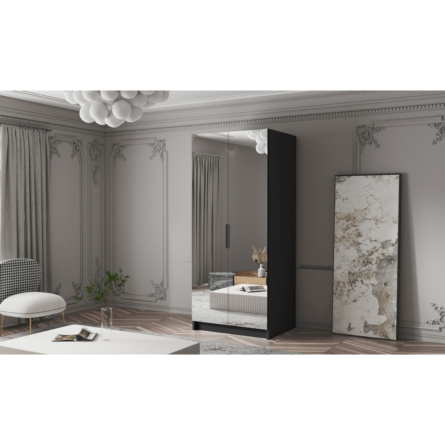 Šatní skříň BODRUM 100 III - černá/černé úchytky