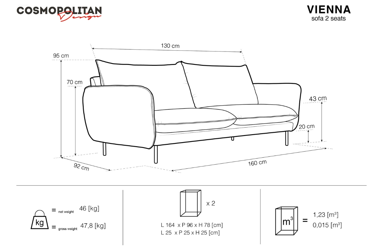 Cosmopolitan Design Tmavě šedá čalouněná dvoumístná pohovka Vienna 160 cm