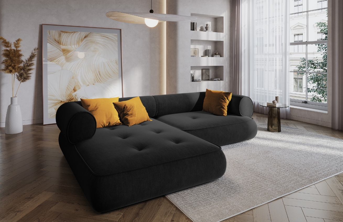 Maison Heritage Černá kožená rohová pohovka Lily 261 cm