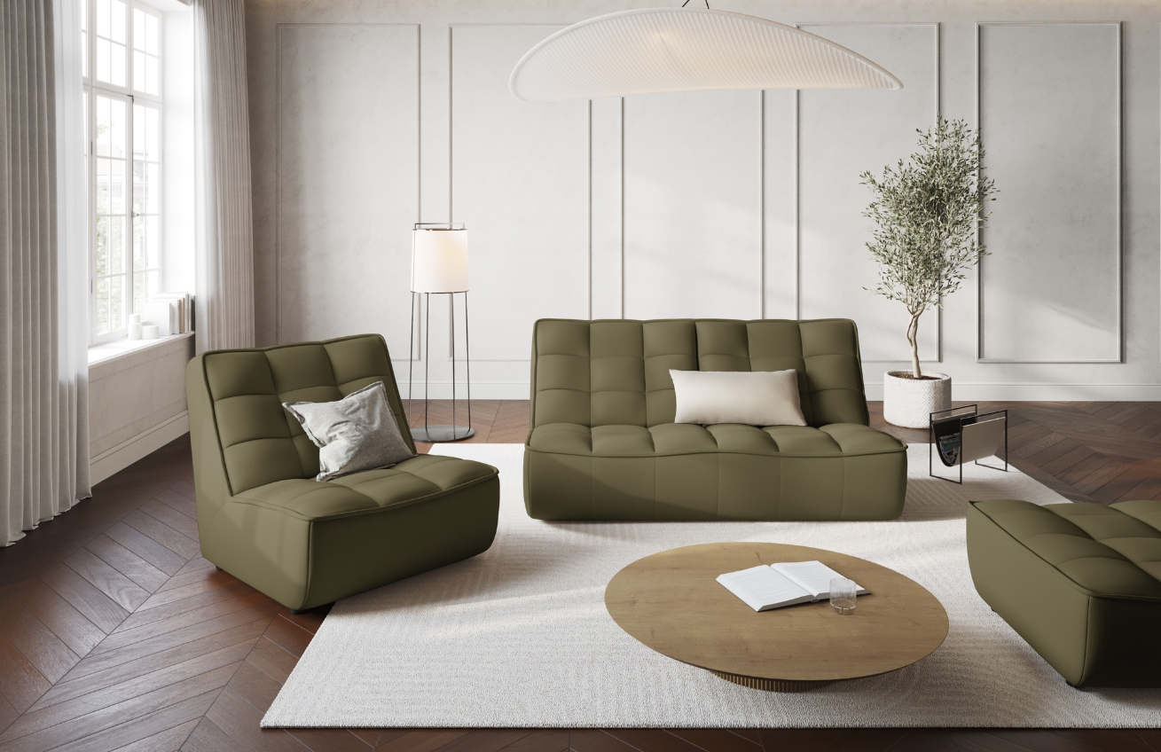 Maison Heritage Olivově zelená kožená pohovka Moni 163 cm