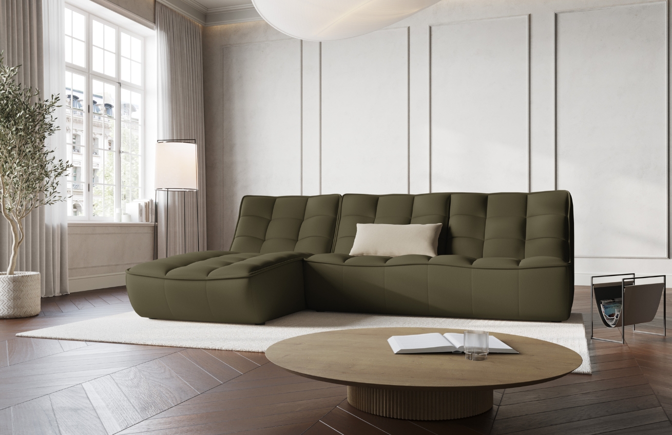 Maison Heritage Olivově zelená kožená rohová pohovka Moni 246 cm