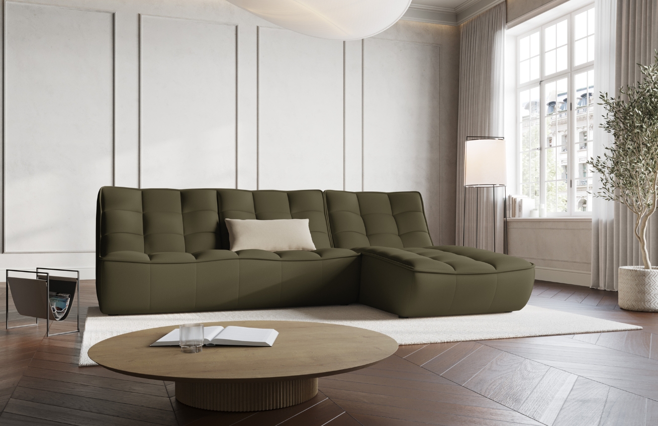 Maison Heritage Olivově zelená kožená rohová pohovka Moni 246 cm