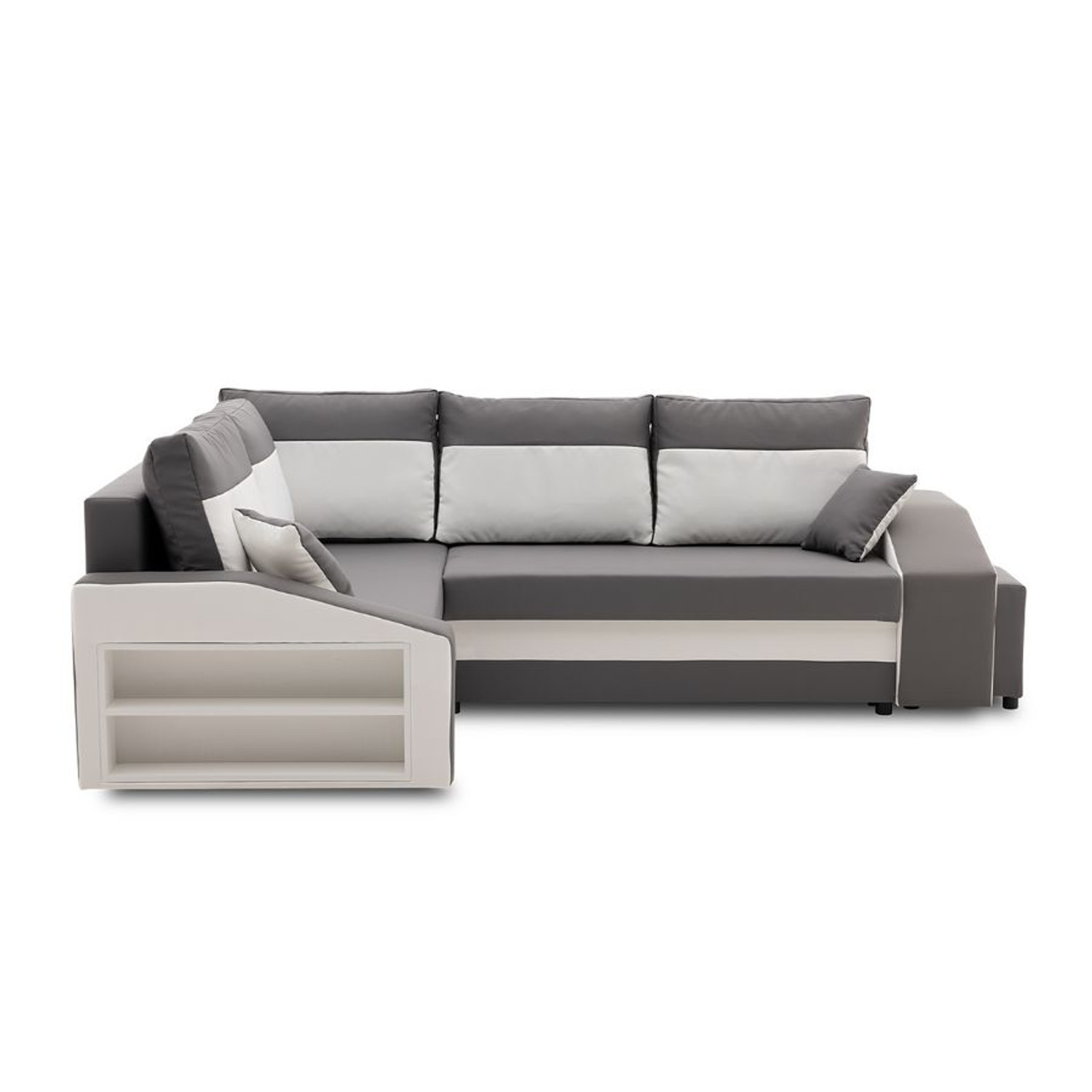 Rozkládací rohová sedací souprava s taburety a poličkou GRANDE micro Levá Šedá/bílá