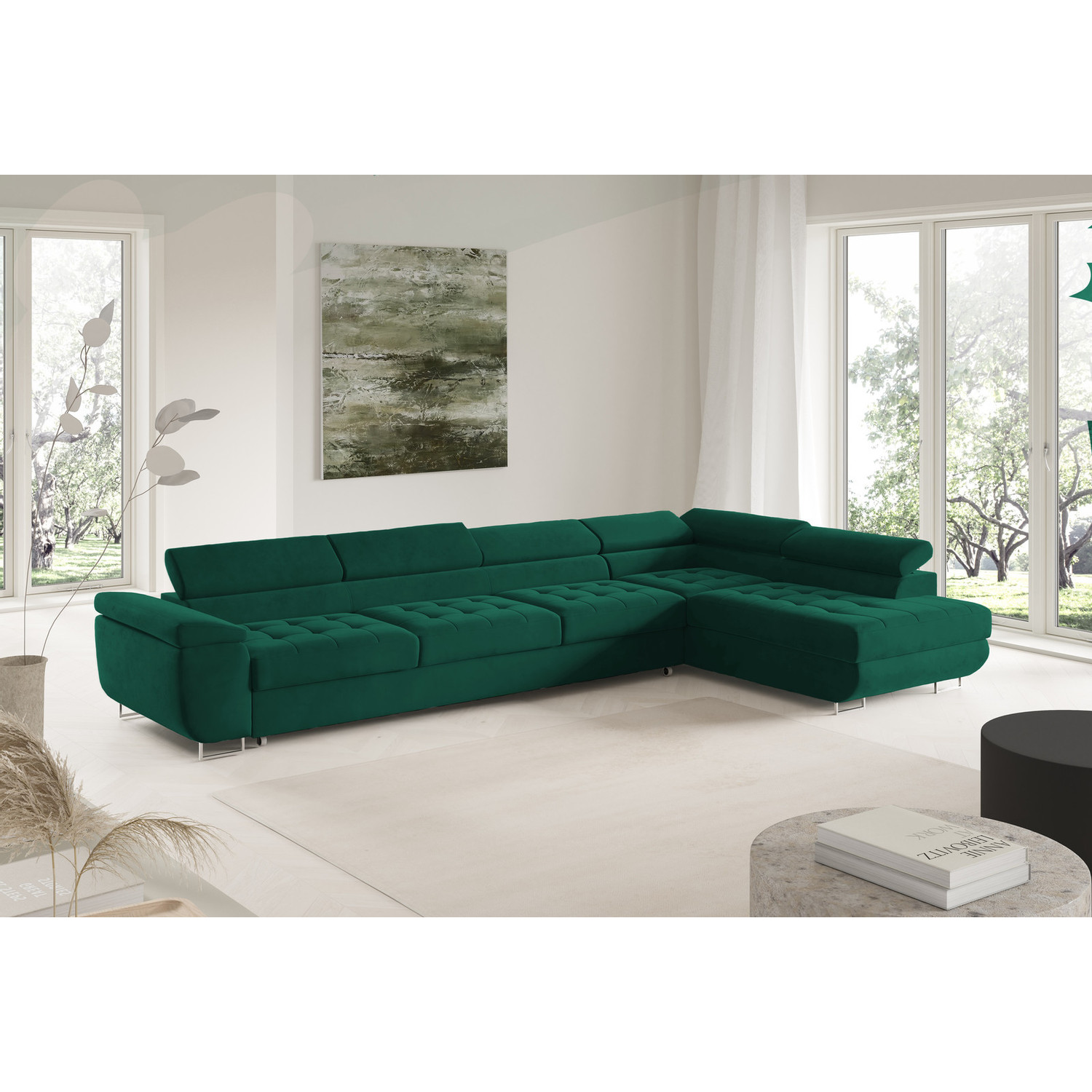 Rohová rozkládací sedací souprava BENJAMIN 155 XL Pravá Zelená