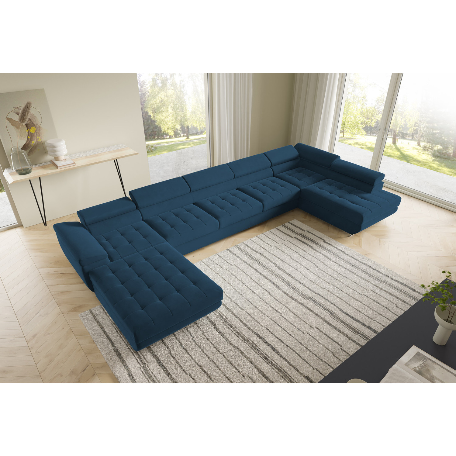 Rohová rozkládací sedací souprava BENJAMIN 275 U XL Pravá Modrá