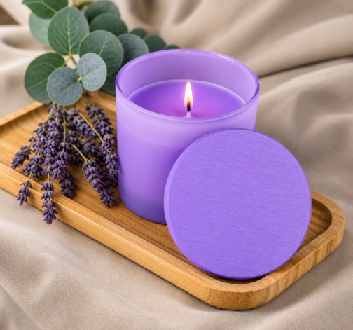 Fialová vonná svíčka v krabičce 200g - LAVENDER & EUCALYPTUS
